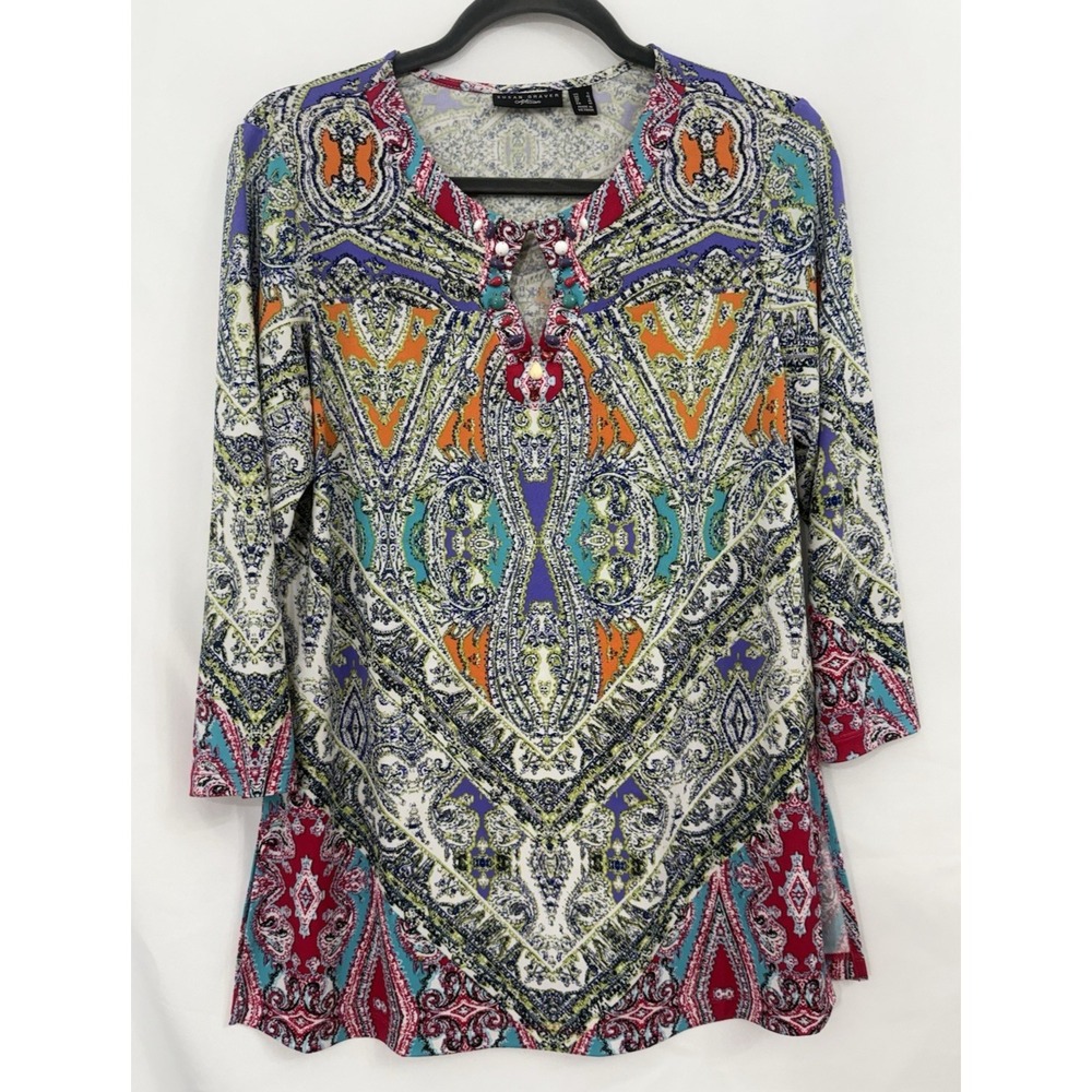 Susan Graver Artisan Liquid Knit Paisley Jeweled Tunic Top Multicolor Womens S